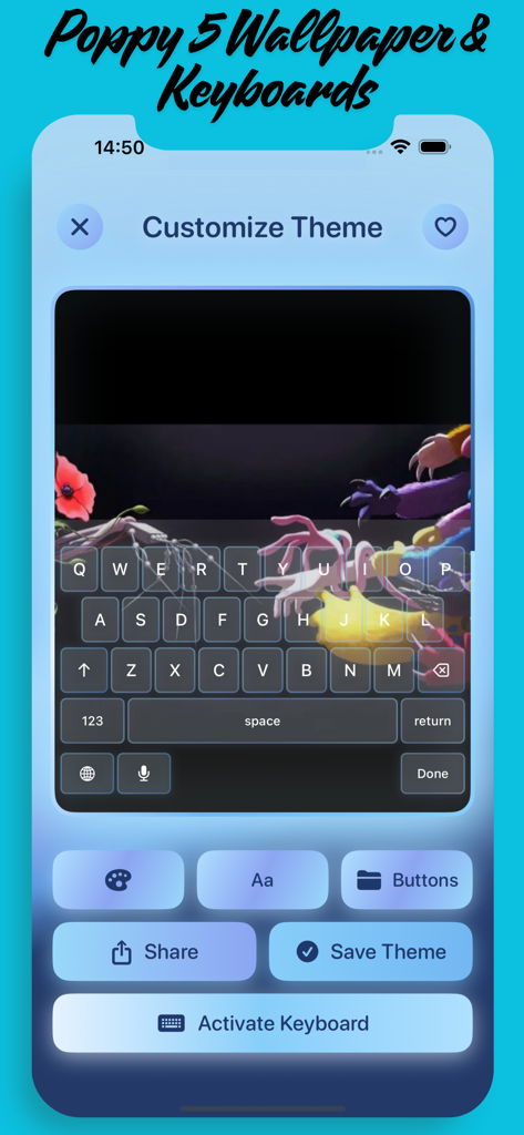 Pantalla de personalización de temas de la aplicación Fondos de Pantalla y Teclados de Poppy 5, que muestra una vista previa del teclado con fanart del juego y opciones de edición.