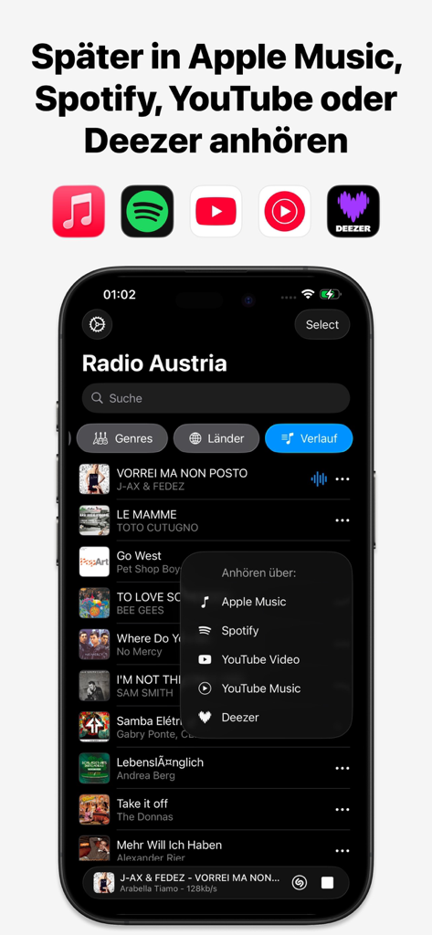 Radio Austria Online - Radio Austria Online app interface showing song history and options to listen to tracks on platforms like Spotify and Apple Music