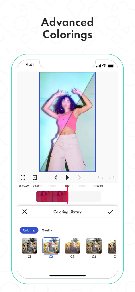 Interface of Funimate app showing advanced coloring presets and filter library for video editing