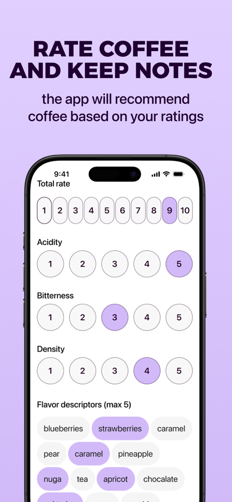 BrewRate – Coffee Reviews - BrewRate app interface showing coffee rating scales for acidity bitterness and density with flavor descriptors