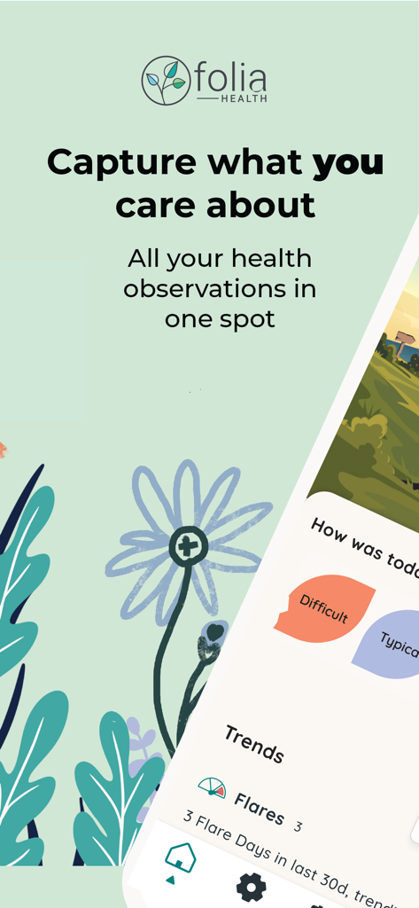 Folia Health - Folia Healthモバイルアプリのインターフェース。毎日の症状ログと健康フレアのトレンドが表示されます。