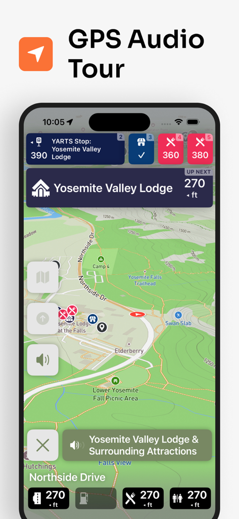 ヨセミテ国立公園のGPSオーディオツアーを示すParkwolfアプリインターフェイス