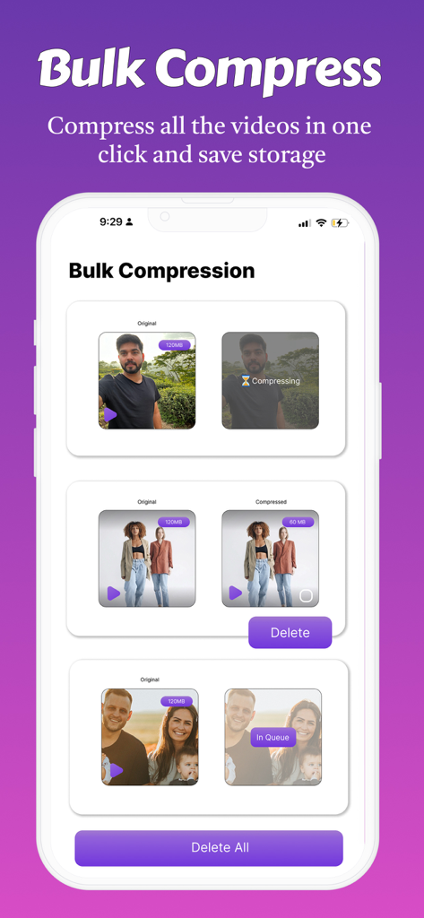 Fast Cleaner: AI Photo Clean - Mobile app interface showing bulk video compression feature to save storage space
