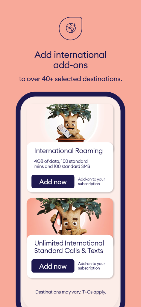 Felix mobile app interface for international roaming and unlimited calling add-ons