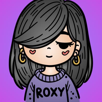 a girl that has hair covering her left eye, she has earrings, a comfy sweater saying the word “roxy”
