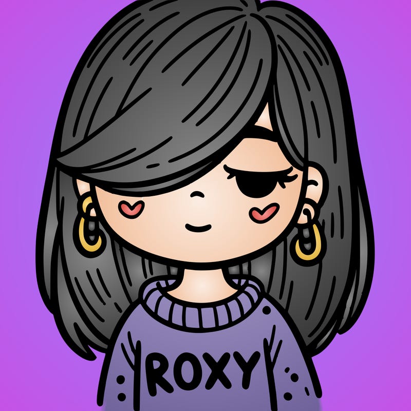a girl that has hair covering her left eye, she has earrings, a comfy sweater saying the word “roxy”