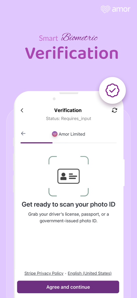 Amor Dating & Matchmaking - A smartphone display showing the biometric photo ID verification process in the Amor dating app for user safety.