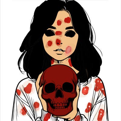 realistic girl holding a skull