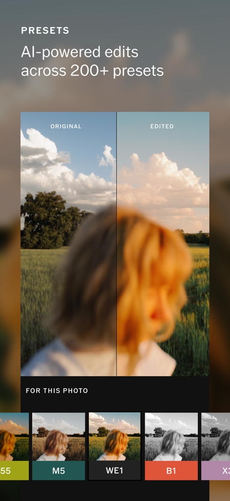 Interface de l'éditeur photo VSCO affichant une comparaison avant/après une modification prédéfinie par IA