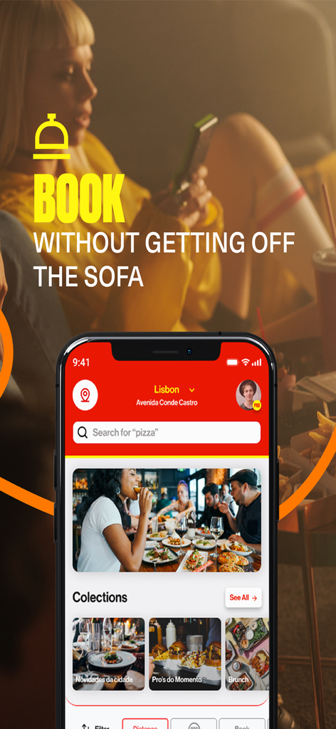 DIG-IN Portugal - Smartphone screen displaying the DIG-IN Portugal app for booking restaurants in Lisbon.