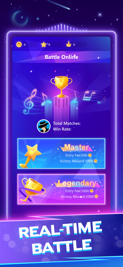 Real time online battle interface in the Piano Star app showing master and legendary tiers