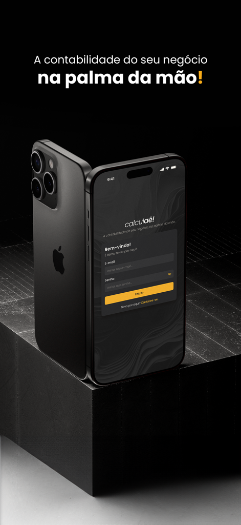 Calculaê - Controle Financeiro - iPhone mostrando la pantalla de inicio de sesión de la aplicación financiera Calculaê con una interfaz oscura y minimalista.