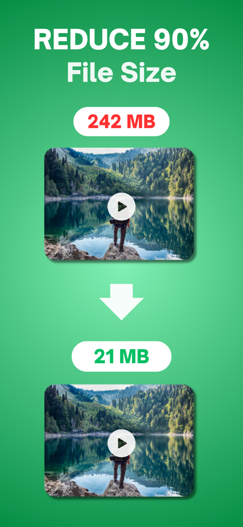 Compress Videos: Free Up Space - Infográfico mostrando uma redução de 90% no tamanho do arquivo de vídeo de 242 MB para 21 MB