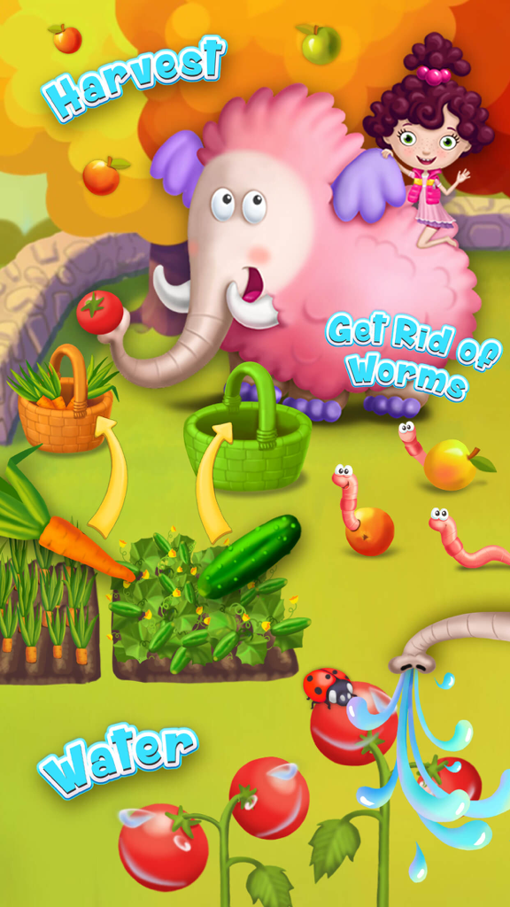 Mia and Her Mammoth – Secret Giant Pet Care - カラフルなモバイルゲームシーンで、ミアとピンクのマンモスマフィンが庭仕事をし、野菜を収穫し、トマトに水をやっている