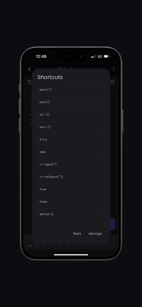 Python‎ Compiler - Interfaccia dell'app Compilatore Python che mostra un elenco di scorciatoie comuni per una programmazione mobile più veloce