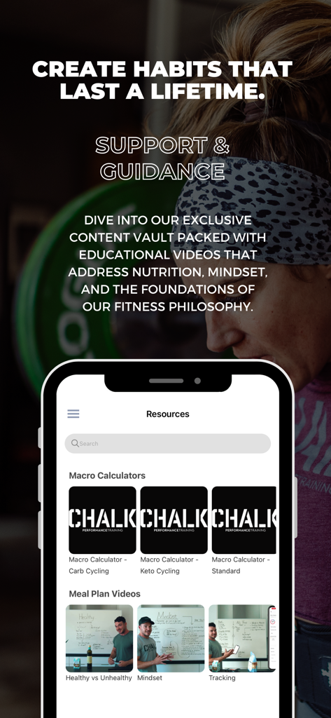 Chalk Performance Training app interface showing macro calculators and nutrition meal plan videos