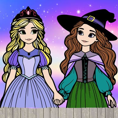 a princess and a witch holding hands realistic