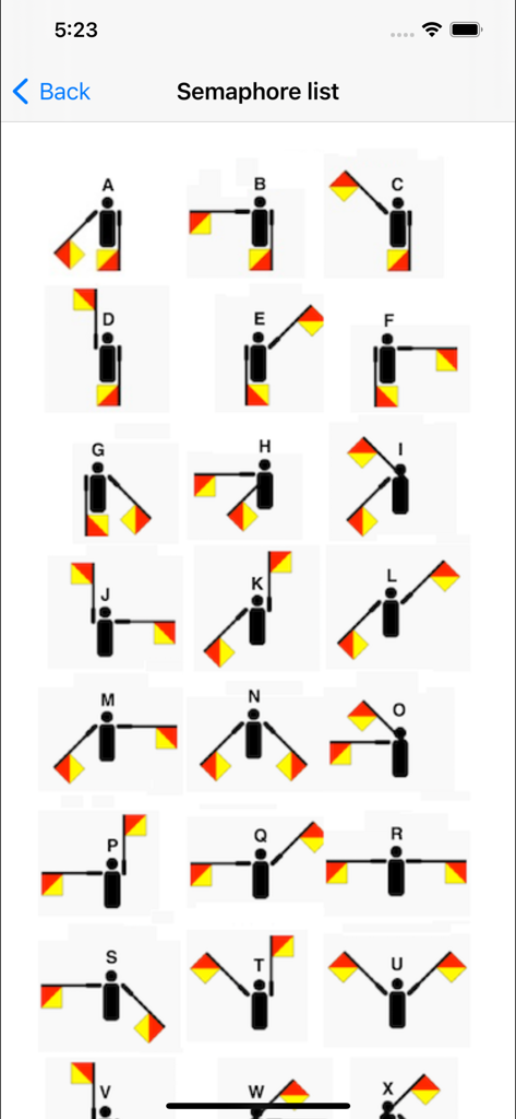 SignalLearning - A list of modern semaphore alphabet flag signals seen from the front view.