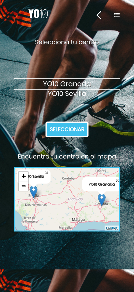 Acceso YO10 app screen showing options to select a sports club location with a map view