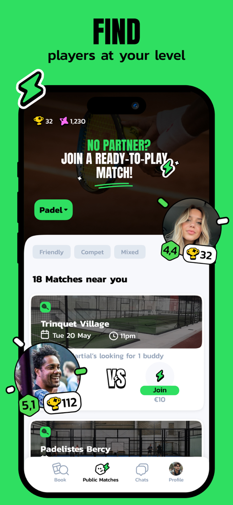 Anybuddy mobile app screen for finding and joining public racket sports matches with player skill levels.