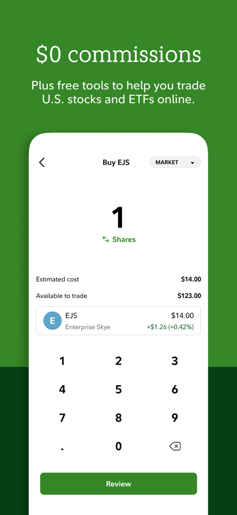 A mobile interface from the Fidelity Investments app showing a stock purchase screen for one share of EJS with a zero commission headline.