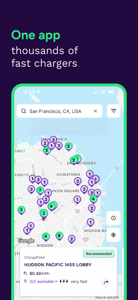 Presto - EV Charging Stations - Presto app map showing numerous fast charging station locations in San Francisco with detailed pricing and availability
