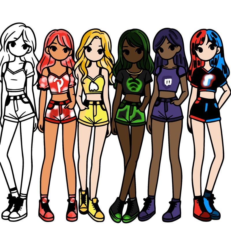 a group of girls wearing crop tops and shorts