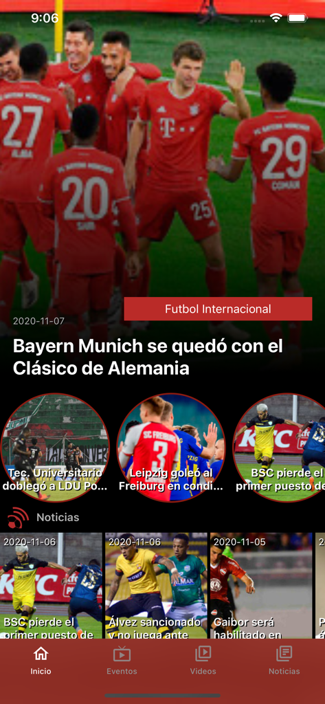 El Canal del Fútbol - Main news feed of the El Canal del Futbol app featuring international and local soccer highlights.