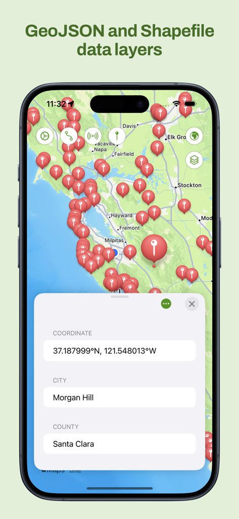 Maptrails - Maptrails app interface showing GeoJSON and Shapefile map layers with location pins and coordinates