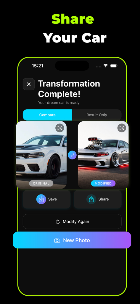 AI Car Modifications - CarMod - Una pantalla de comparación en la aplicación CarMod que muestra un coche blanco antes y después de modificaciones con IA, incluyendo un compresor y luces de neón rojas debajo.
