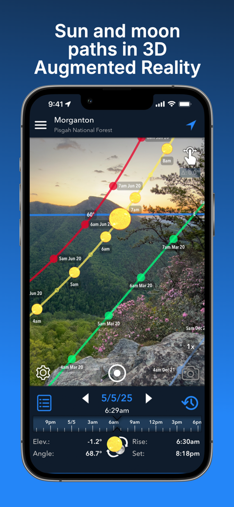 Teléfono inteligente mostrando trayectorias 3D del sol y la luna sobre un paisaje montañoso usando realidad aumentada