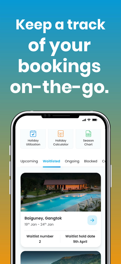 Club Mahindra mobile app interface showing a waitlisted vacation booking for a resort in Gangtok