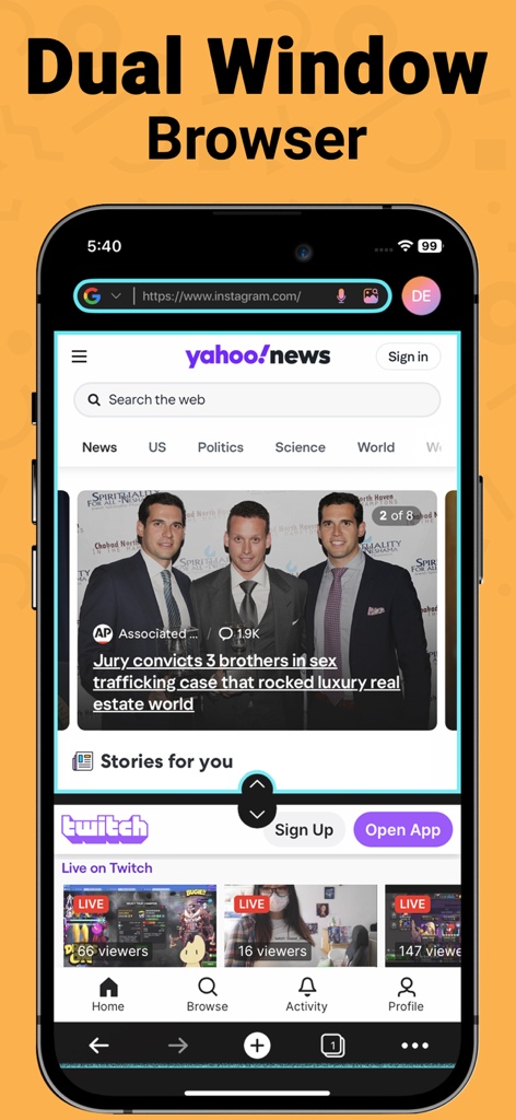 A dual window browser on iPhone displaying Yahoo News and Twitch simultaneously in split view mode