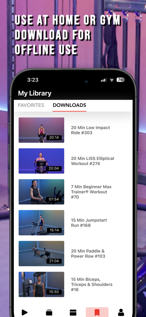 The Fitscope app library displaying downloaded workout videos for home and gym use.