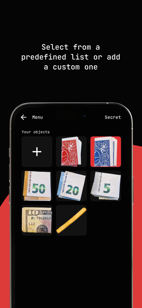 ImagineObject: Magic Trick - Interfaz de la aplicación ImagineObject mostrando una selección de objetos para trucos de magia, incluyendo cartas, dinero y cigarrillos.