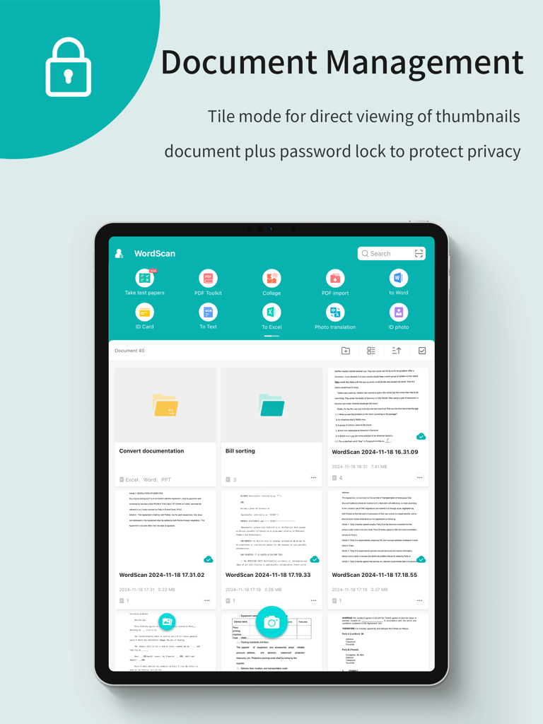 Interfaccia WorldScan HD per iPad che mostra la gestione dei documenti con cartelle e miniature dei file