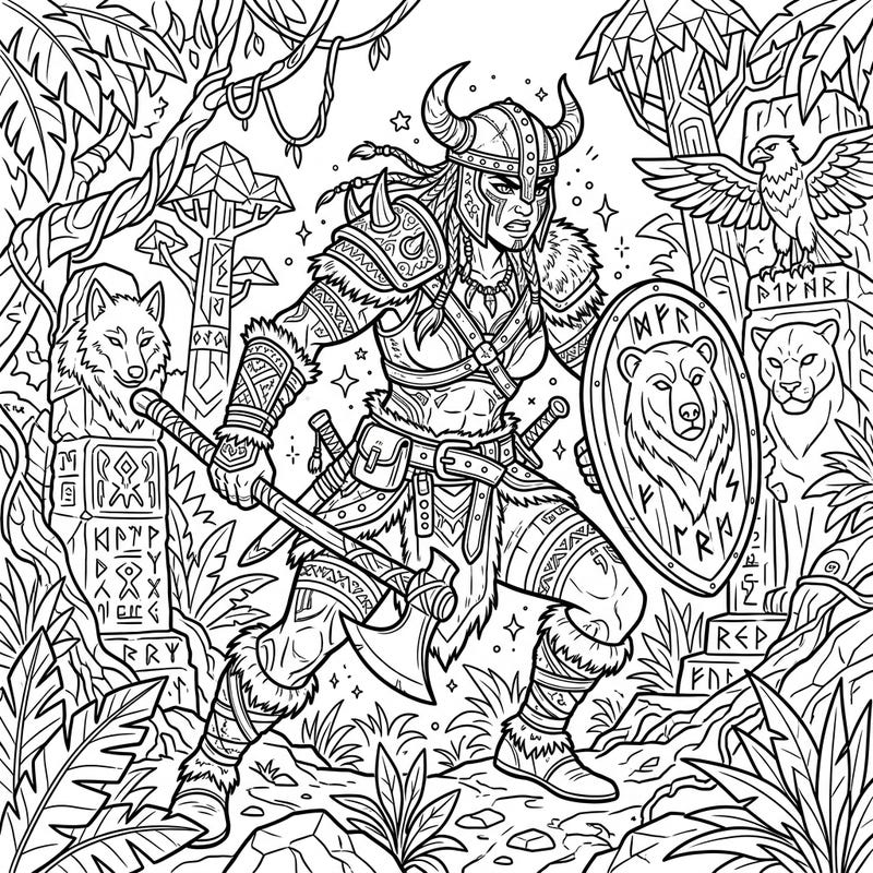 Embark on an epic fantasy journey with this dynamic barbarian warrior coloring page, ready for action amidst ancient jungle ruins. Discover intricate details and powerful totems awaiting your creative touch.