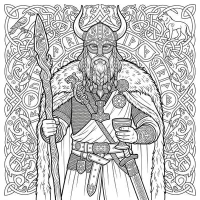 Immerse yourself in the world of Norse mythology with this captivating Viking Godhi coloring template. This detailed illustration features a powerful chieftain-priest surrounded by intricate Celtic knotwork and ancient runic symbols, offering a truly engaging coloring experience.