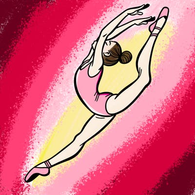 gymnast doing a leap in a leotard with a bent back leg