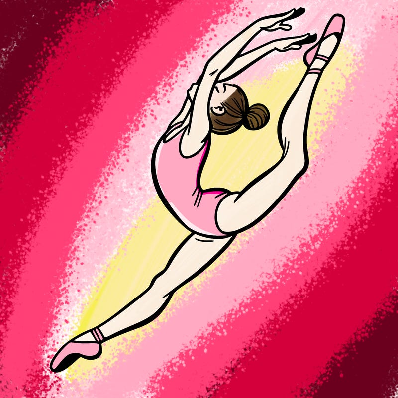 gymnast doing a leap in a leotard with a bent back leg