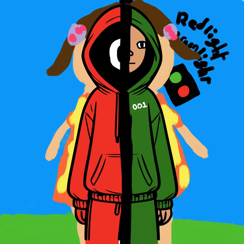 faceless girl in a tracksuit with a hood on and no hair