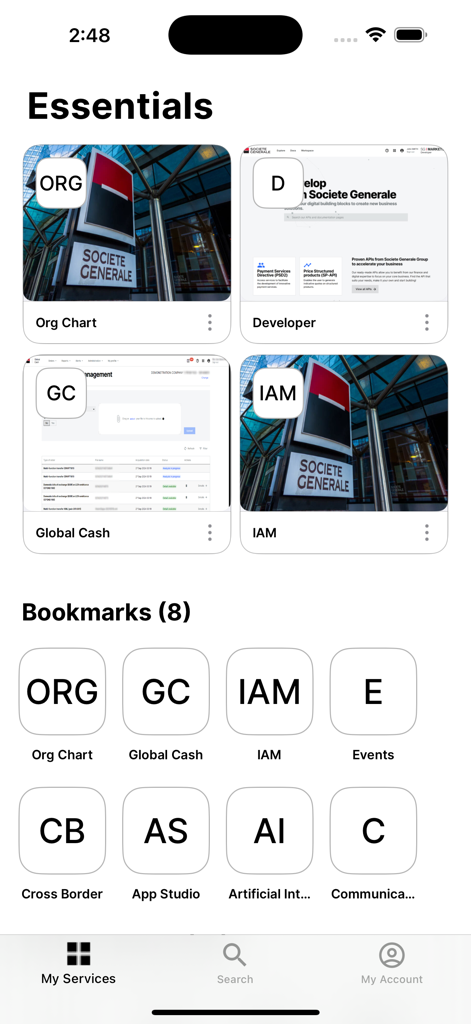 SG Markets - SG Markets app interface showing a dashboard with essential services and user bookmarks