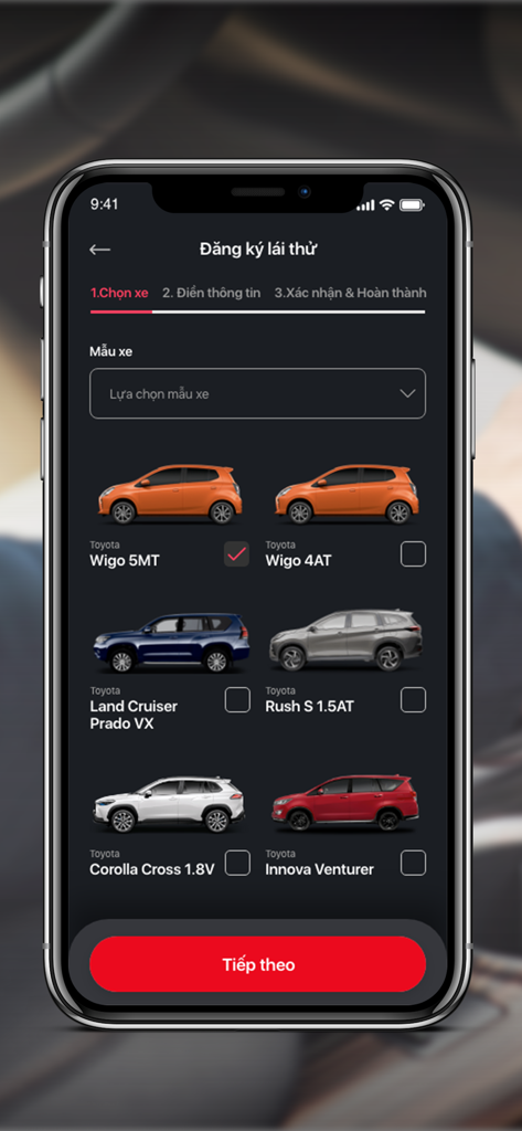 Toyota Vietnam app screen for selecting a car model to register for a test drive