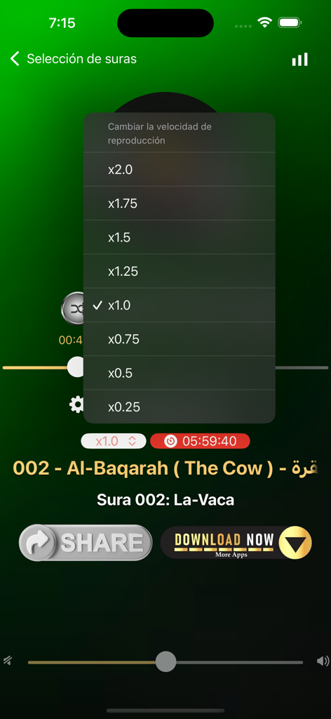 Menú de configuración del reproductor de audio en la aplicación móvil Corán en Español.