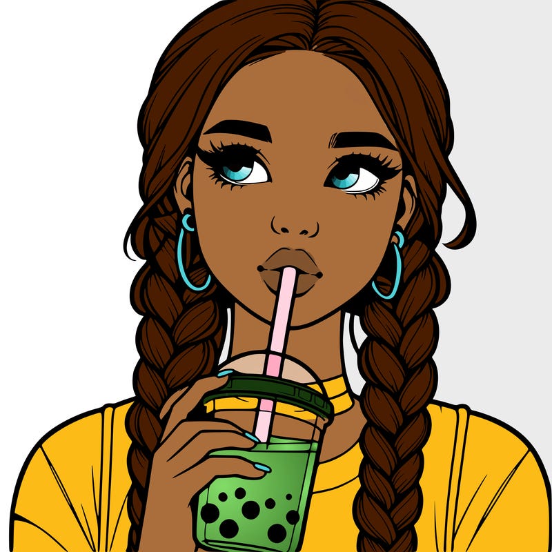 realistic girl with braided hair drinking boba