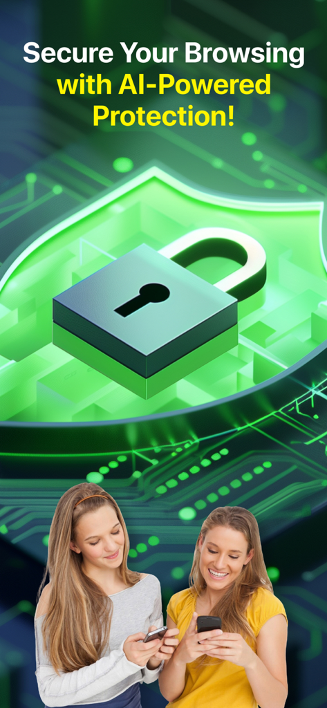 iLove VPN Wi-Fi Fast Free Wifi - Two young women using smartphones with an AI powered secure browsing padlock graphic