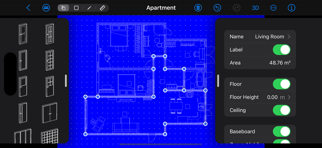 Interfaz de plano de planta en 2D de un apartamento en House Designer que muestra el área de la habitación y las herramientas de selección de puertas