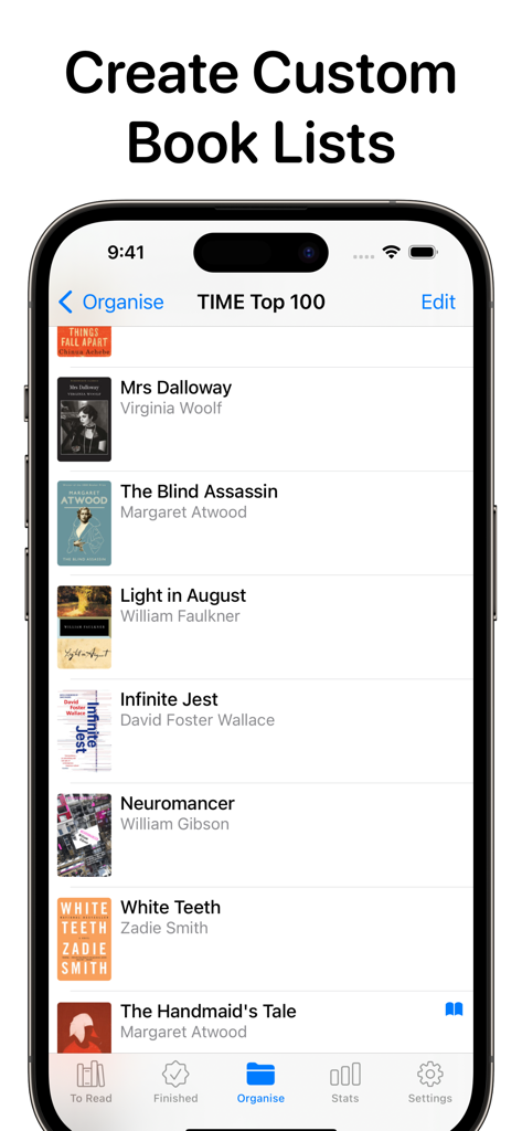 A smartphone screen displaying a custom book list in the Reading List app titled TIME Top 100.