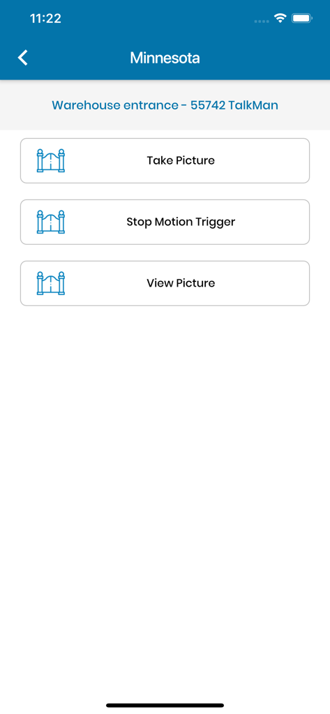 Interface of the CellGate app showing remote control options for a warehouse entrance gate