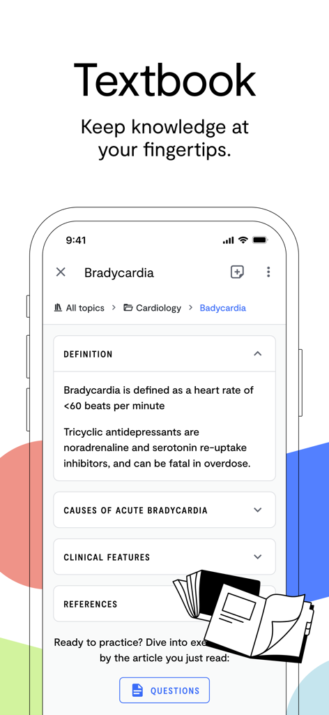 Quesmed - Interface of the Quesmed medical textbook showing a clinical article on Bradycardia